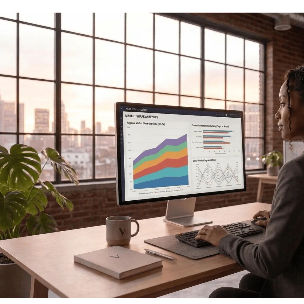 Woman working at a desk on a computer looking at analytical data with a large window and green plant