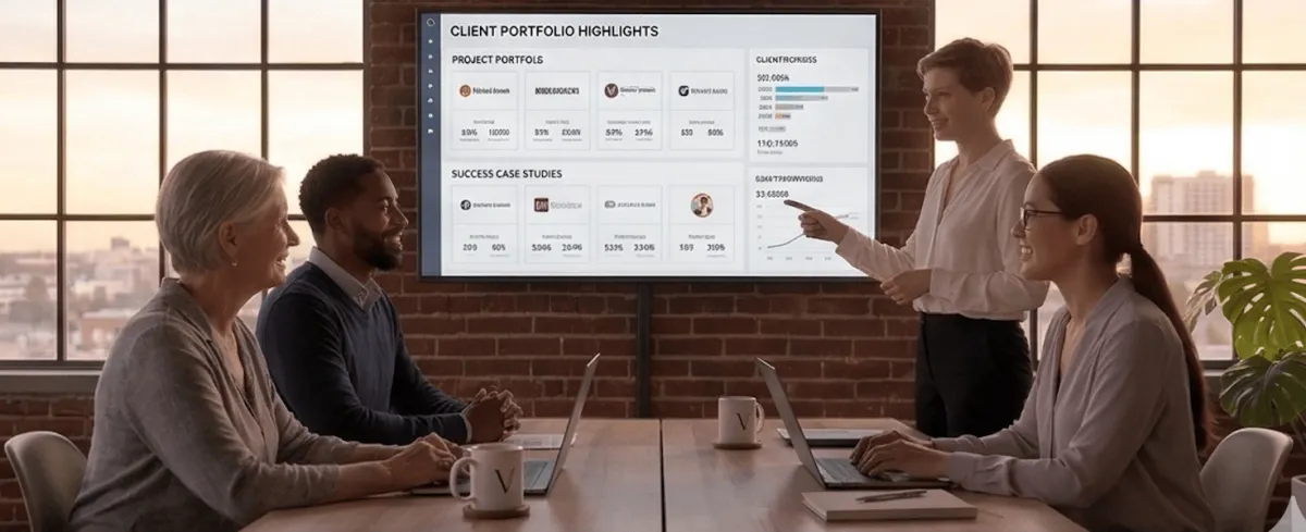 a meeting of four people in an office with one of them giving a presentation at a large screen with windows on either side of them