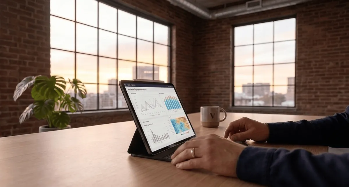 A person's hands working on an iPad or tablet showing analytical data in a modern brick office with large windows and a large green plant