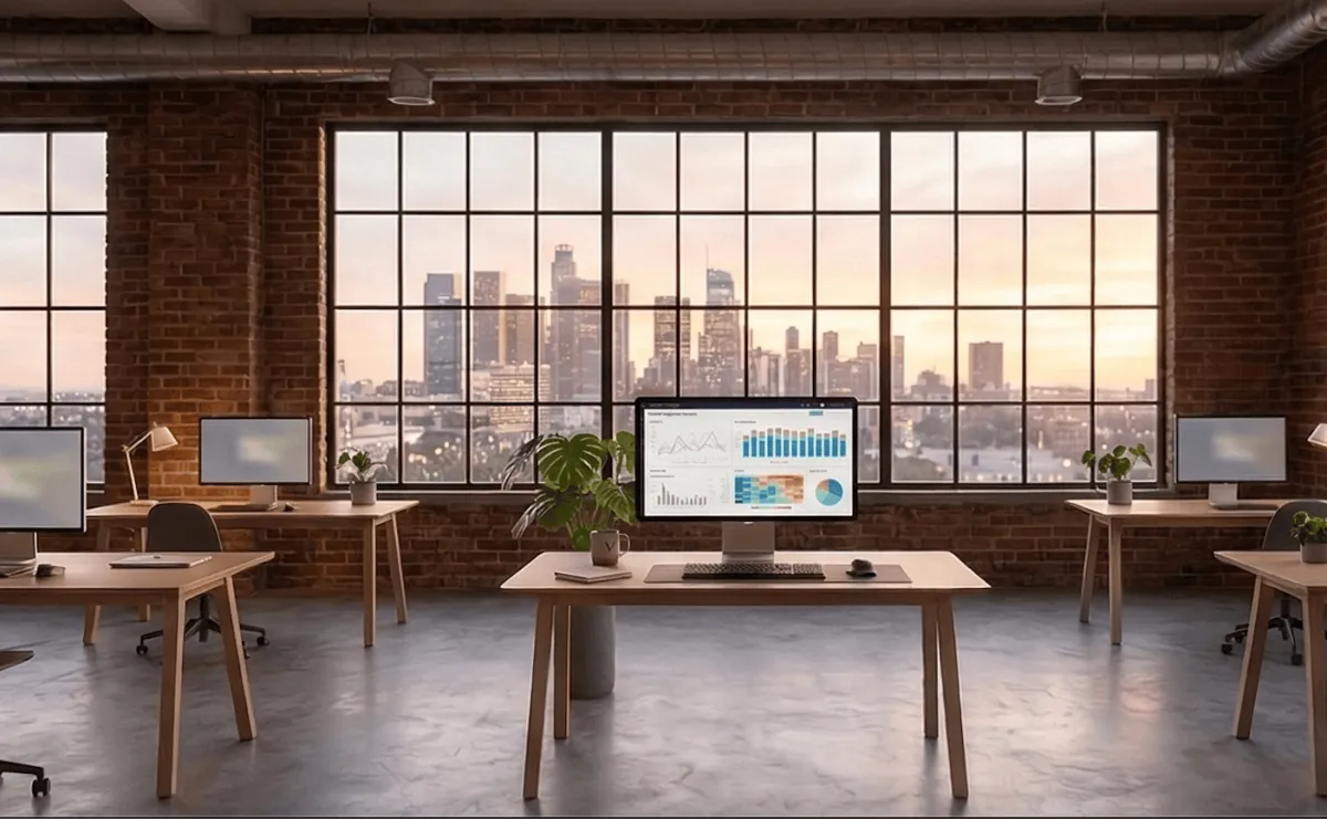 large office space with desks with computers showing analytical date with a large window and a cityscape in the background