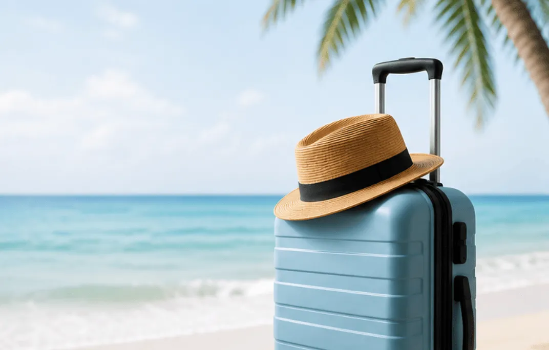 A suitcase and a sun had on a beach with palm tree and ocean in the background