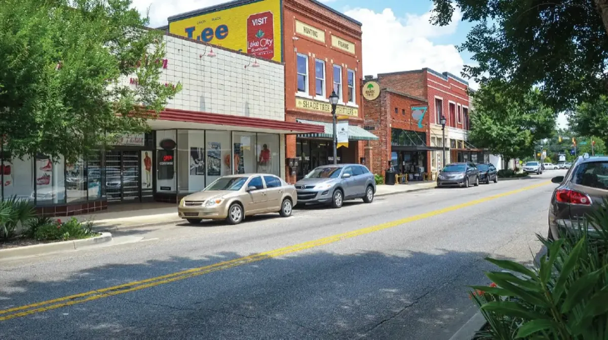 An image of a downtown street, designed to showcase the impact of filling vacant buildings and improving curb appeal.