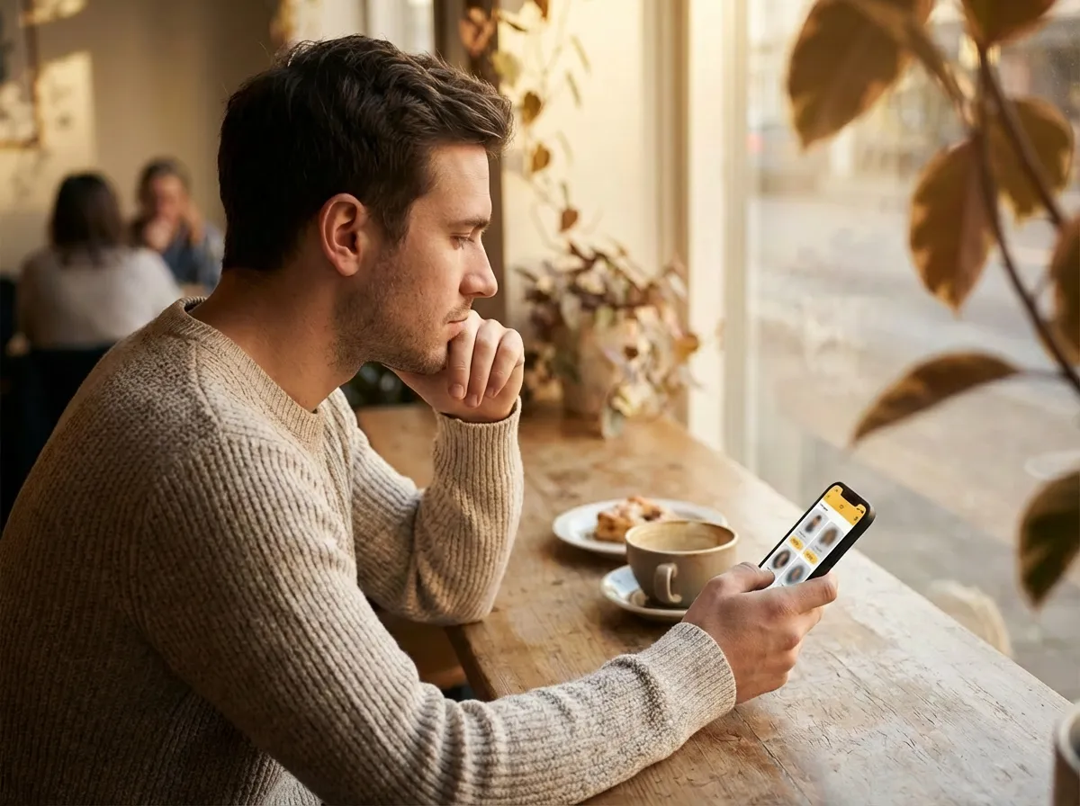 A man sits at a cafe table looking at a smartphone showing a gay dating app profile grid, representing mixed signals and breadcrumbing on dating apps.