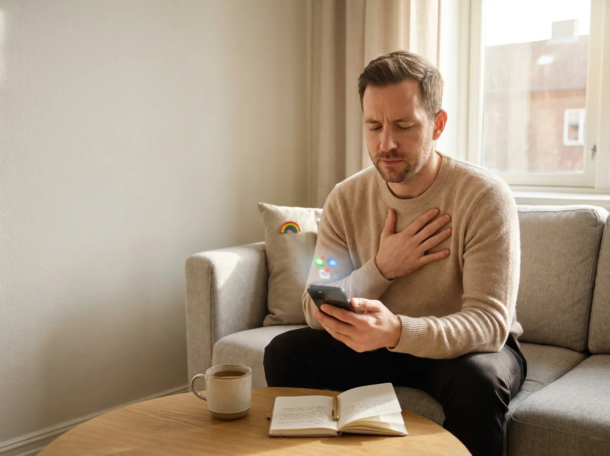 Gay man sitting on a couch holding a phone and taking a calming breath, with a notebook and tea on a coffee table, representing texting anxiety and self-soothing while dating.