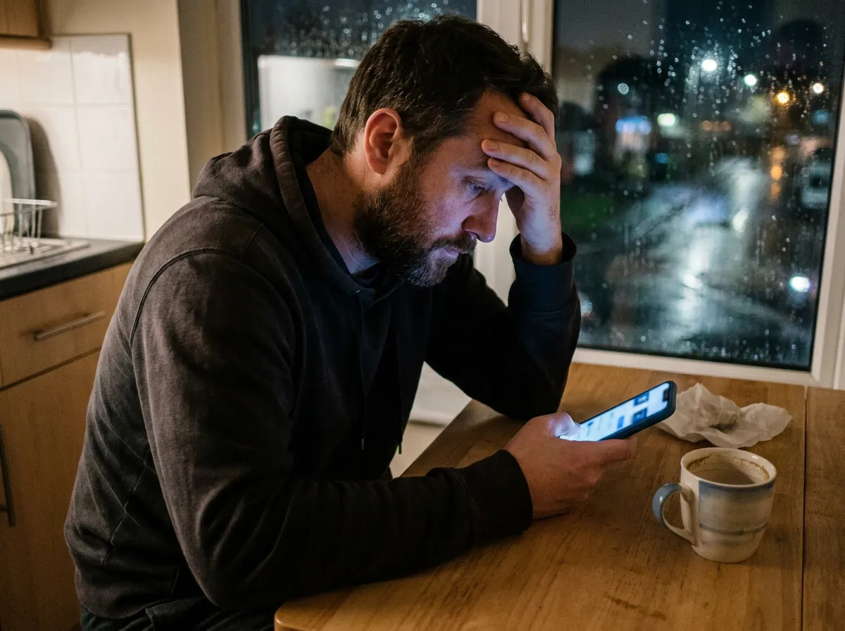 Man feeling burned out from gay dating apps, sitting at table with phone glow