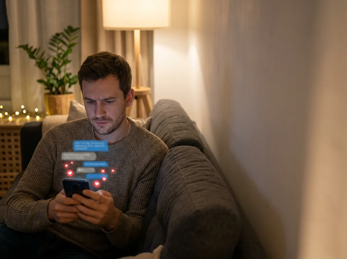 Realistic photo of a gay man checking dating app messages on his phone, illustrating love bombing on Grindr.