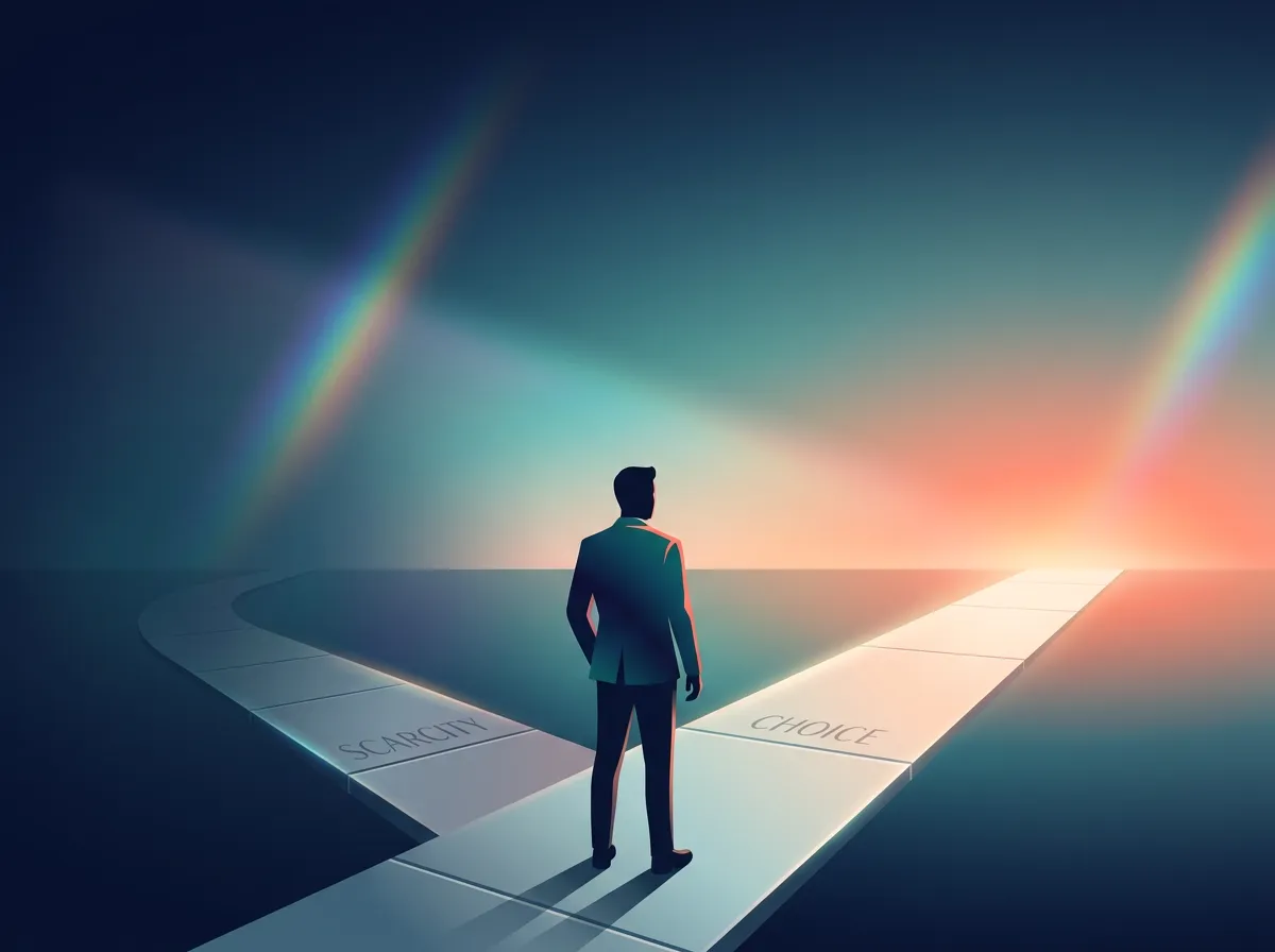 Cover illustration showing a man at a crossroads choosing between a dark narrow path and a bright open path, symbolizing shifting from scarcity mindset to healthier choices in gay dating.