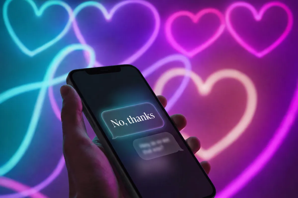 Hand holding a smartphone with a chat bubble saying ‘No, thanks’ on a teal to magenta gradient background, representing setting boundaries on dating apps.