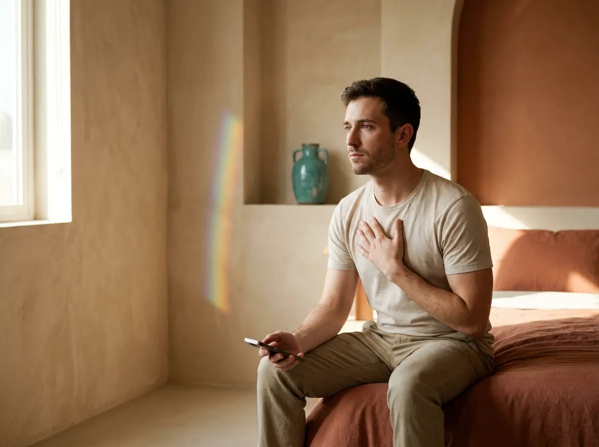 Thoughtful gay man sitting on the edge of a bed in soft morning light, holding a phone and resting his other hand on his chest, with a subtle rainbow light reflection on the wall
