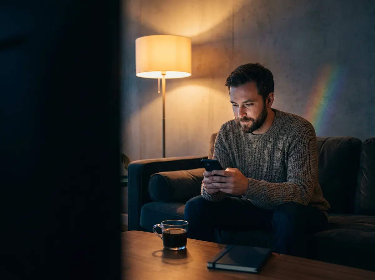 Orbiting in gay dating cover image: thoughtful gay man on a couch at night looking at his phone after social media attention without a message, feeling uncertain but calm.