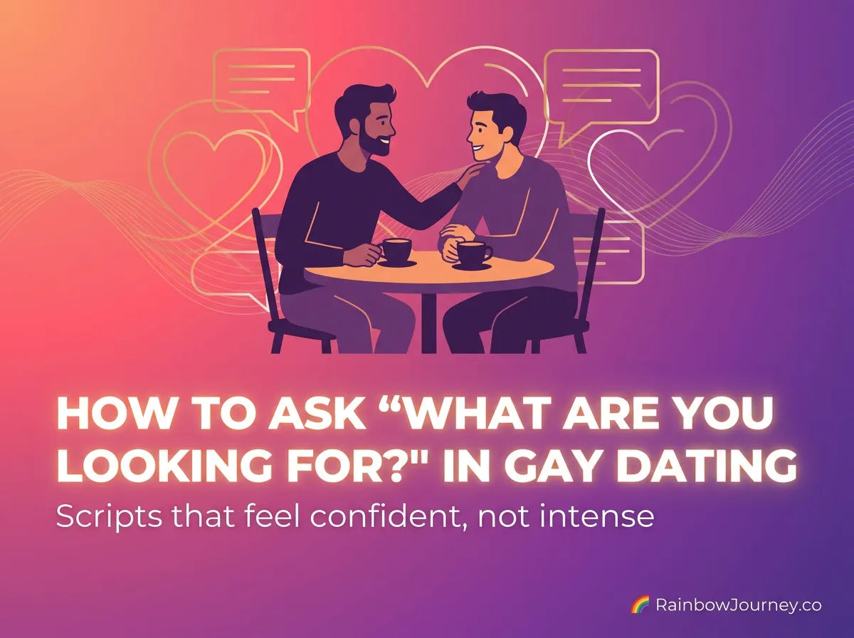 Blog cover image with a pink to purple gradient background, an illustration of two men chatting at a cafe table, and the headline ‘How to Ask “What Are You Looking For?” in Gay Dating’ with the subtitle ‘Scripts that feel confident, not intense’ and a small ‘RainbowJourney.co’ tag.