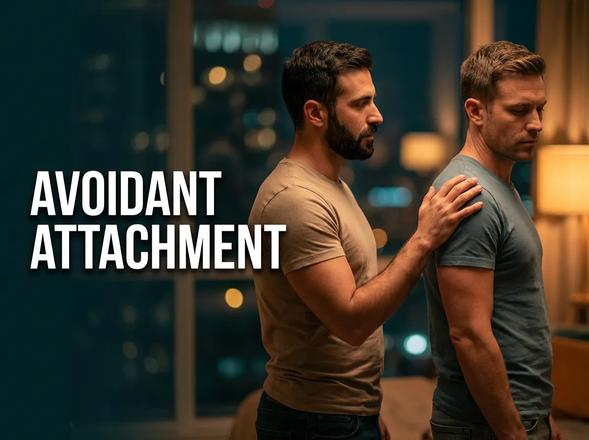 Avoidant attachment in gay dating cover image showing two men in a tense, intimate moment, with the title ‘Avoidant Attachment’.