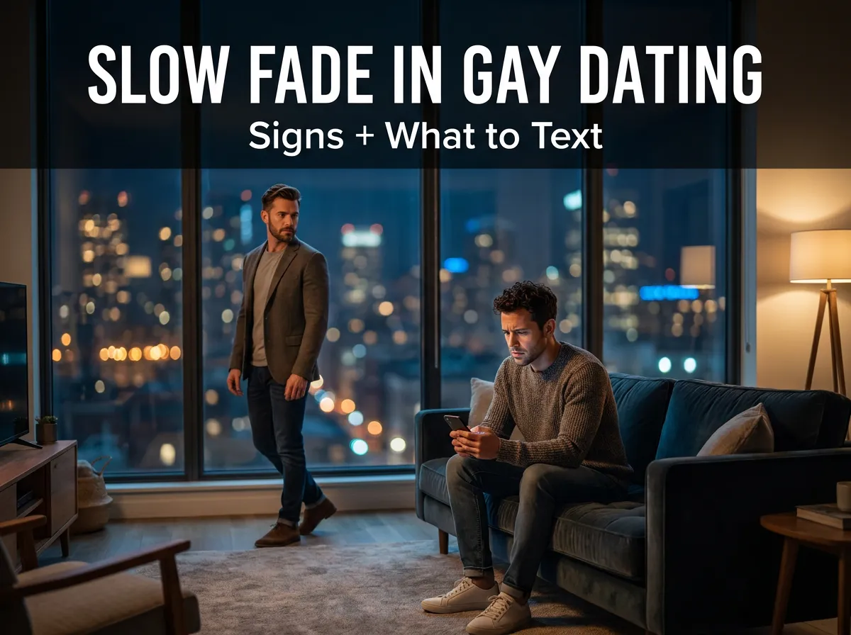 Two attractive men in a modern apartment at night, one sitting on a couch looking anxious at his phone while the other stands near a window with city lights behind him, creating a tense ‘pulling away’ vibe. Text on image reads ‘Slow Fade in Gay Dating: Signs + What to Text.