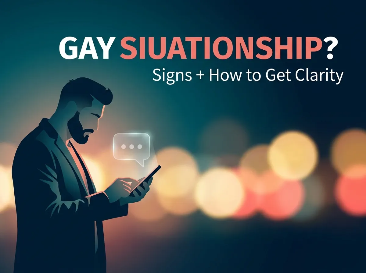 Gay situationship cover image with text “GAY SITUATIONSHIP?” and “Signs + How to Get Clarity,” showing a man looking at his phone on a teal navy gradient background.