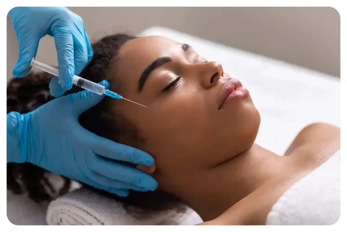 Nurse performing anti-wrinkle Botox treatment with collagen and PRP hair restoration products in a modern clinic setting
