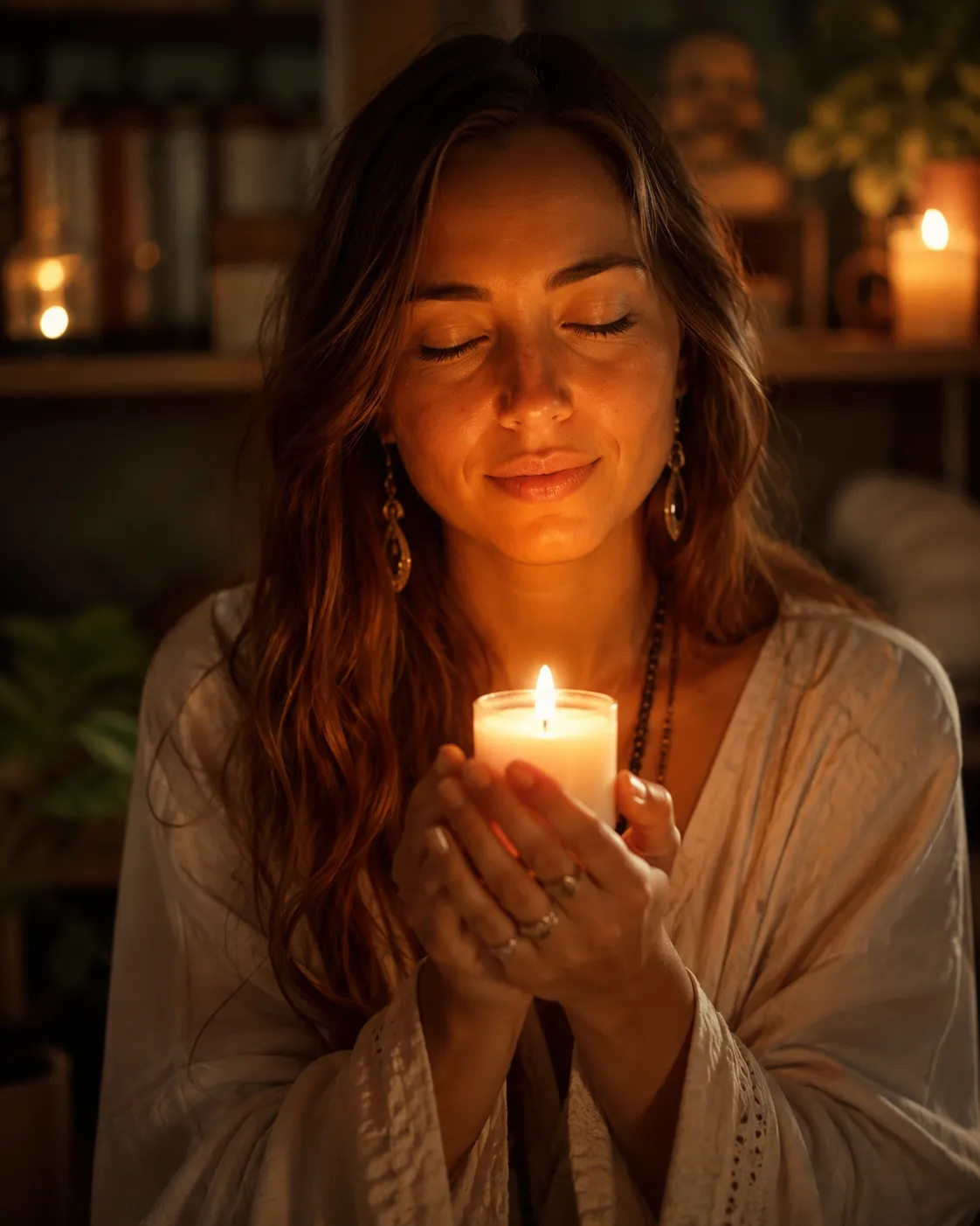 Mujer sosteniendo una vela, luz cálida