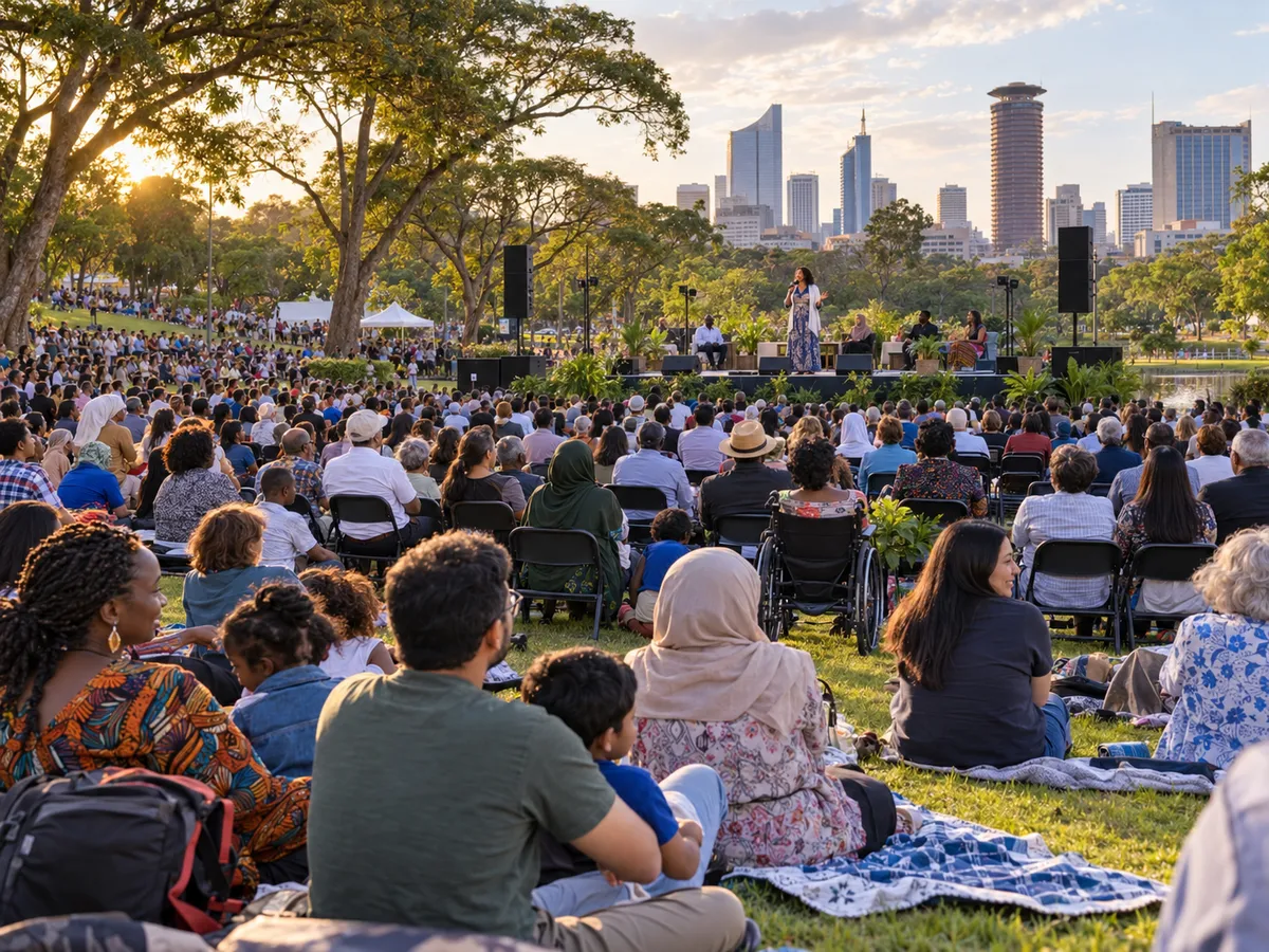 A warm community circle gathered outdoors in a public park holding hands in peaceful solidarity