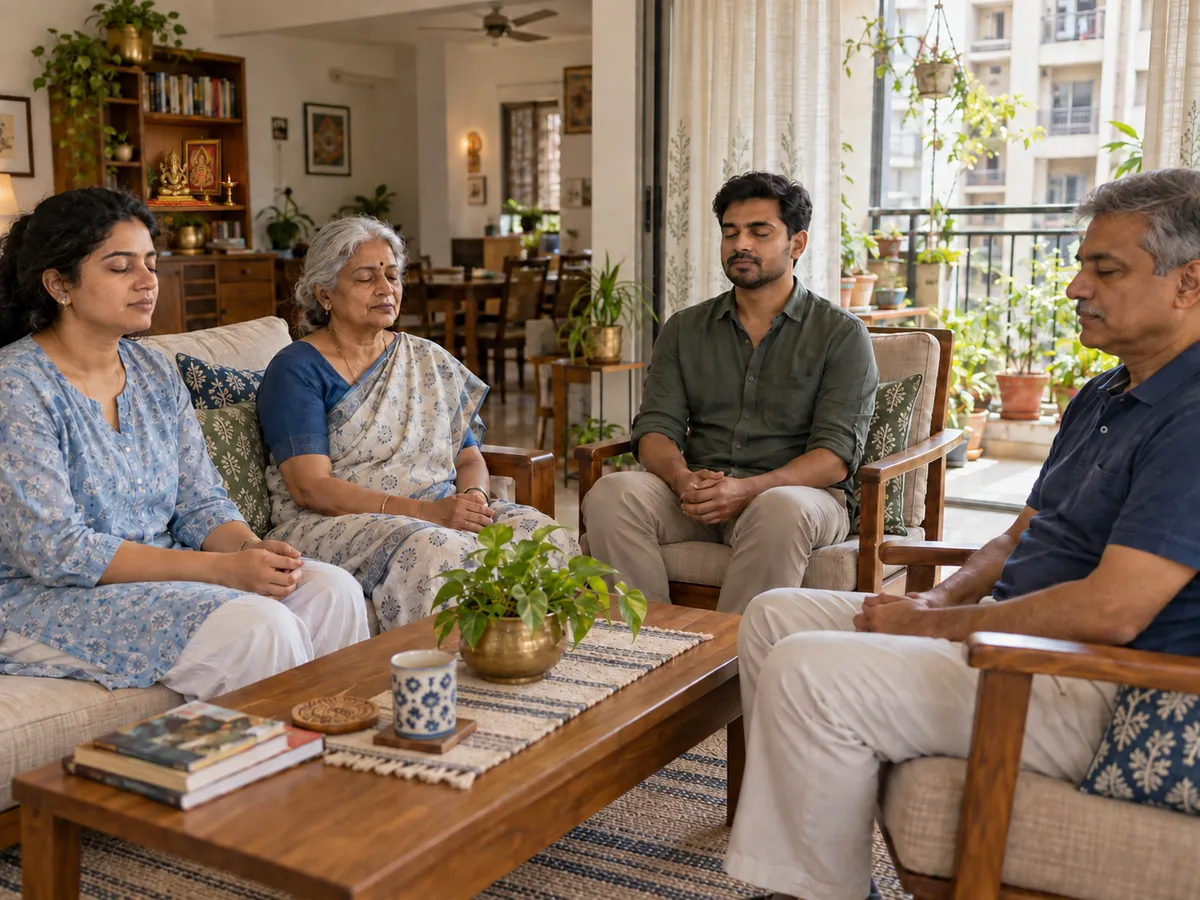 A diverse small group in a serene sunlit living room reflecting together for global peace