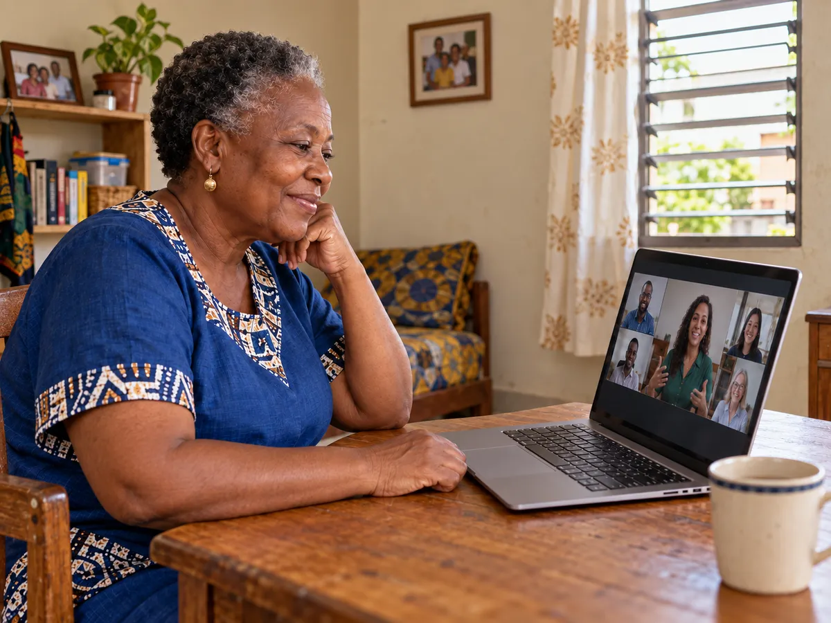 A smiling woman participating in a global peace livestream with laptop and headphones in soft daylight