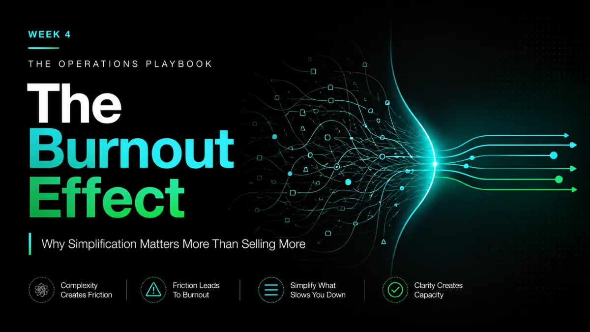LinkedIn article banner for Week 4 of The Operations Playbook titled “The Burnout Effect.” The design uses a dark background with teal, aqua, and green accents, showing tangled operational lines transforming into clean, simplified pathways to represent reducing complexity and burnout through simplification.