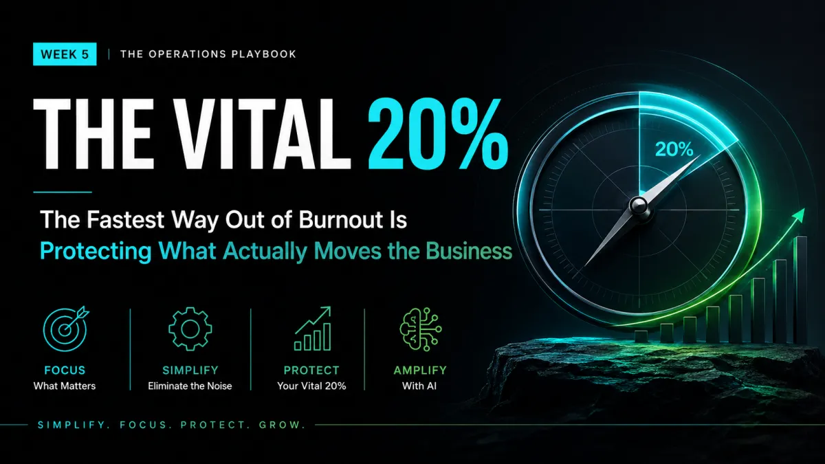 Week 5 “The Operations Playbook” banner with a blue, tech-style background. Large headline reads “Burnout Ends When You Protect Your Core 20%.” A magnifying glass highlights an 80/20 pie chart, with the 20% segment emphasized in orange and a button that says “Read Episode 005.