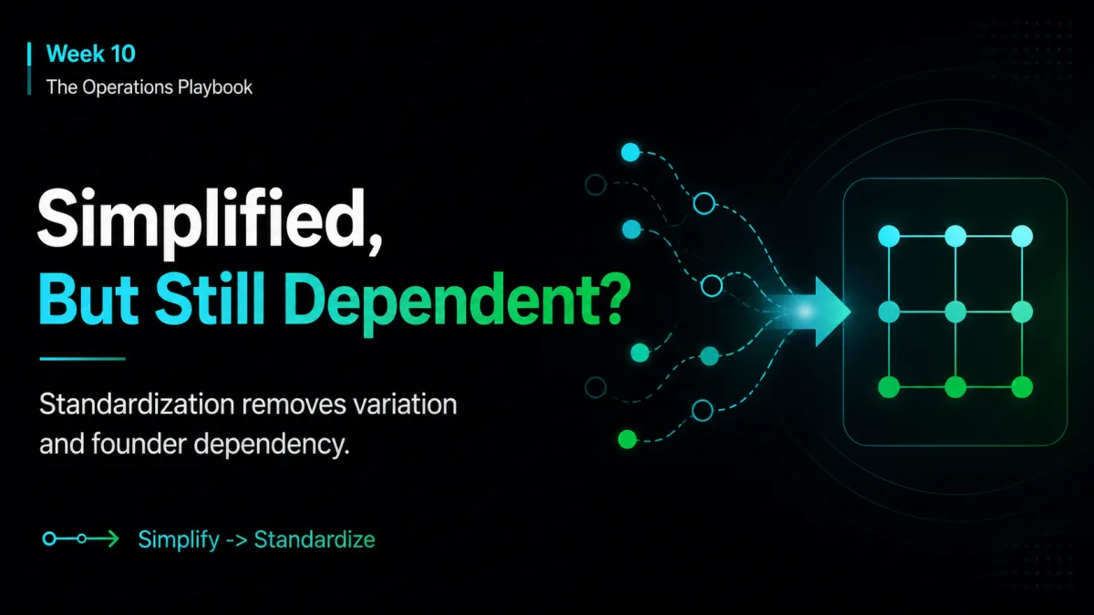 LinkedIn article cover image for Week 10 of The Operations Playbook showing scattered decision paths becoming a structured system. The image highlights the message: “Simplified, But Still Dependent?” and explains that standardization removes variation and founder dependency.