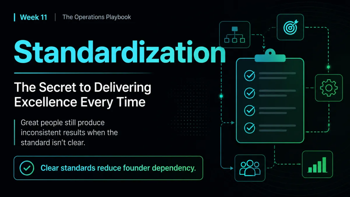 Dark PlaybookOps-style graphic for Week 11 titled “Standardization,” showing a checklist, process flow icons, and the message that clear standards reduce founder dependency.