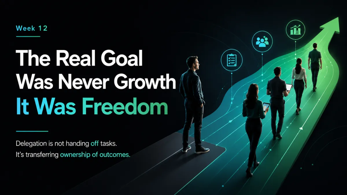 Dark teal and green PlaybookOps-style banner showing a founder stepping aside while a team moves forward on a glowing path, symbolizing delegation, ownership, and founder freedom.