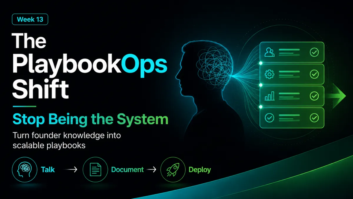 Dark PlaybookOps-branded LinkedIn article image showing a founder’s knowledge turning into structured playbooks with the message “Stop Being the System” and the framework “Talk, Document, Deploy.”