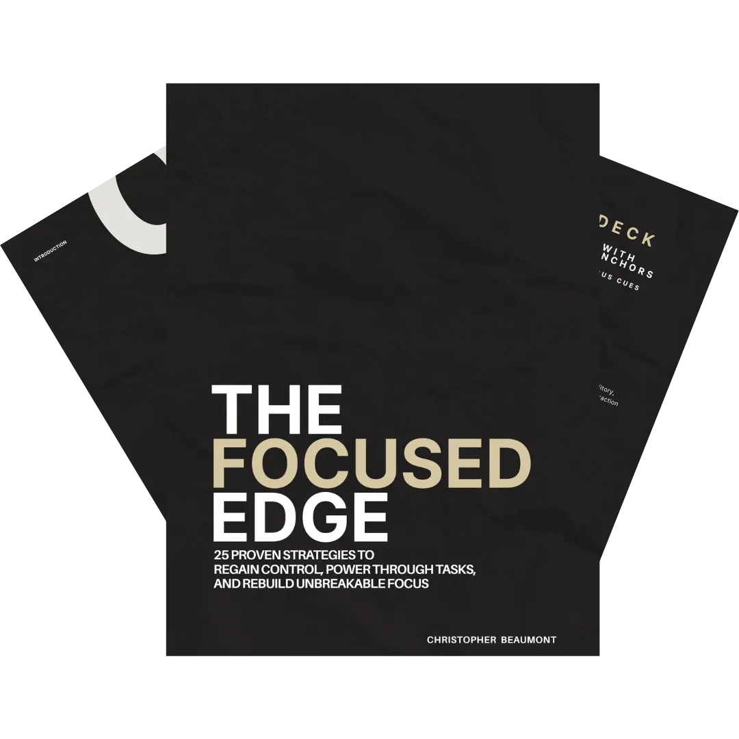 Preview of internal pages from The Focused Edge workbook, featuring cognitive strategies, focus audits, and clarity rituals