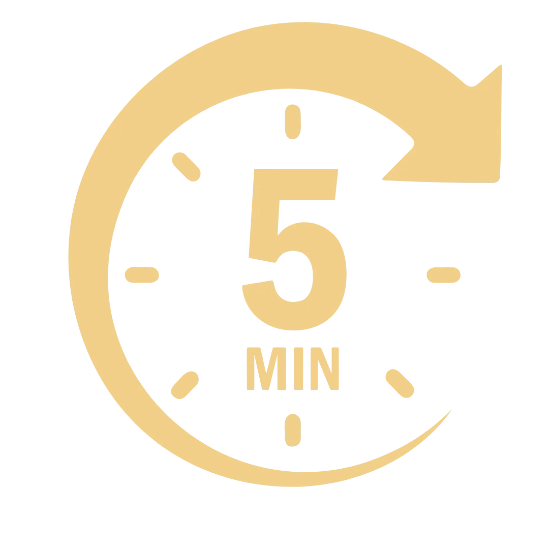 Gold clock icon with a five-minute timer and circular arrow, symbolizing a quick focus reset.