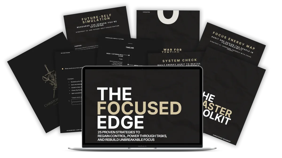 Full mockup of The Focused Edge Digital Pack by Christopher Beaumont, including the book, Master Toolkit, and challenge guides