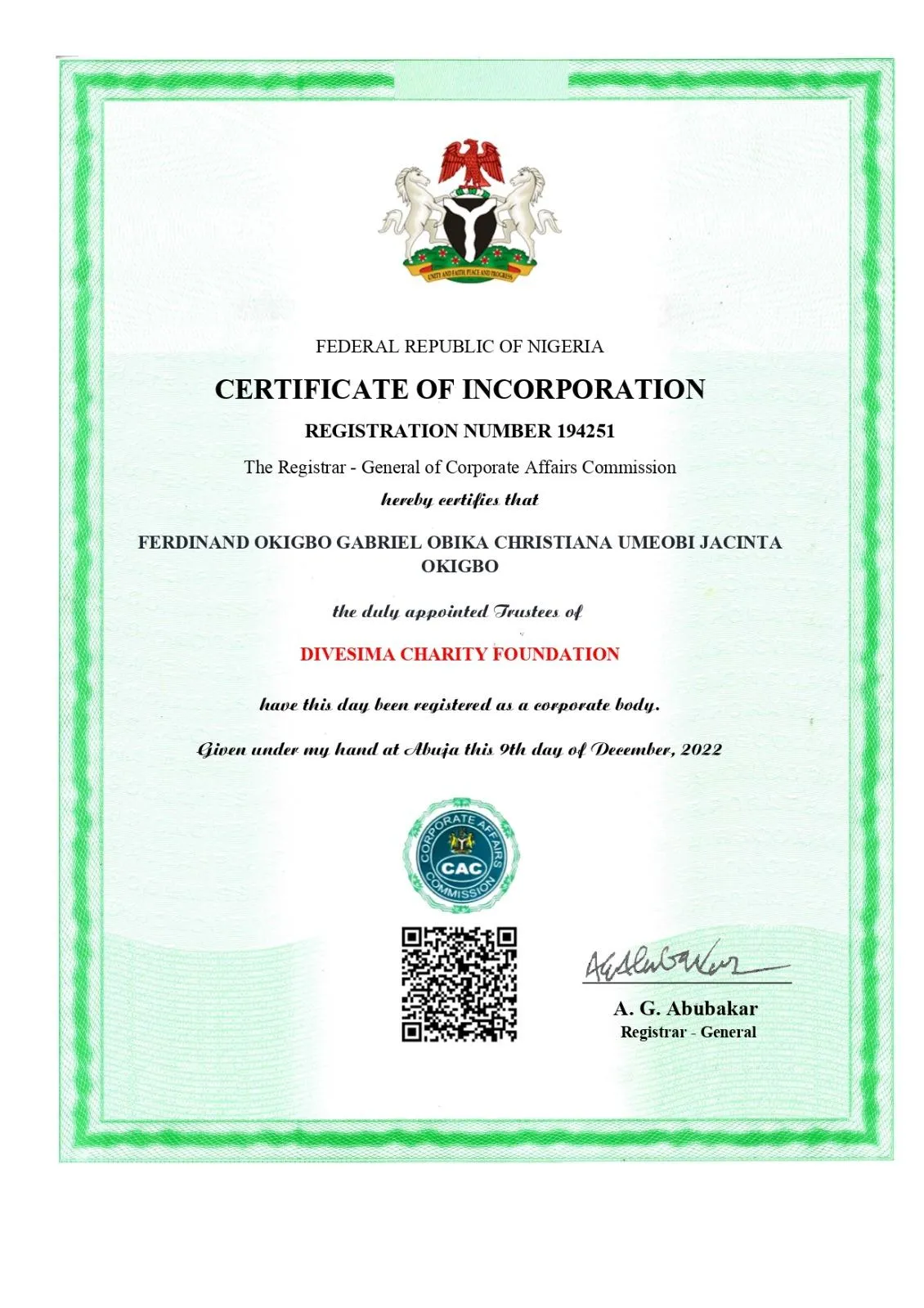 Certificate and legal registration documents of Divesima Charity Foundation