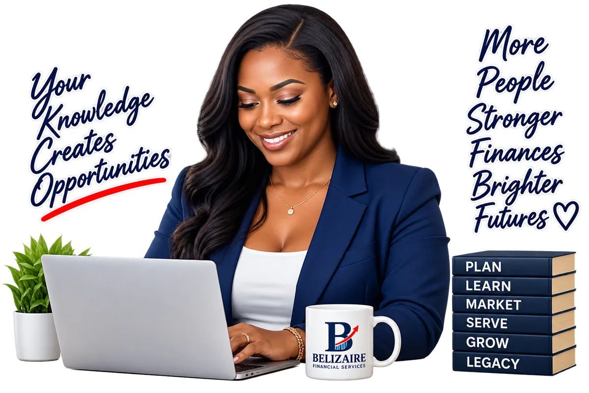 Smiling professional woman in a navy suit using a laptop in modern office