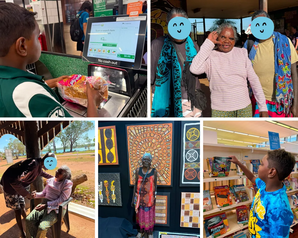 Collage of ACRS Darwin participants on Country with family, at the Darwin Aboriginal Art Fair, and on community outings building daily living skills