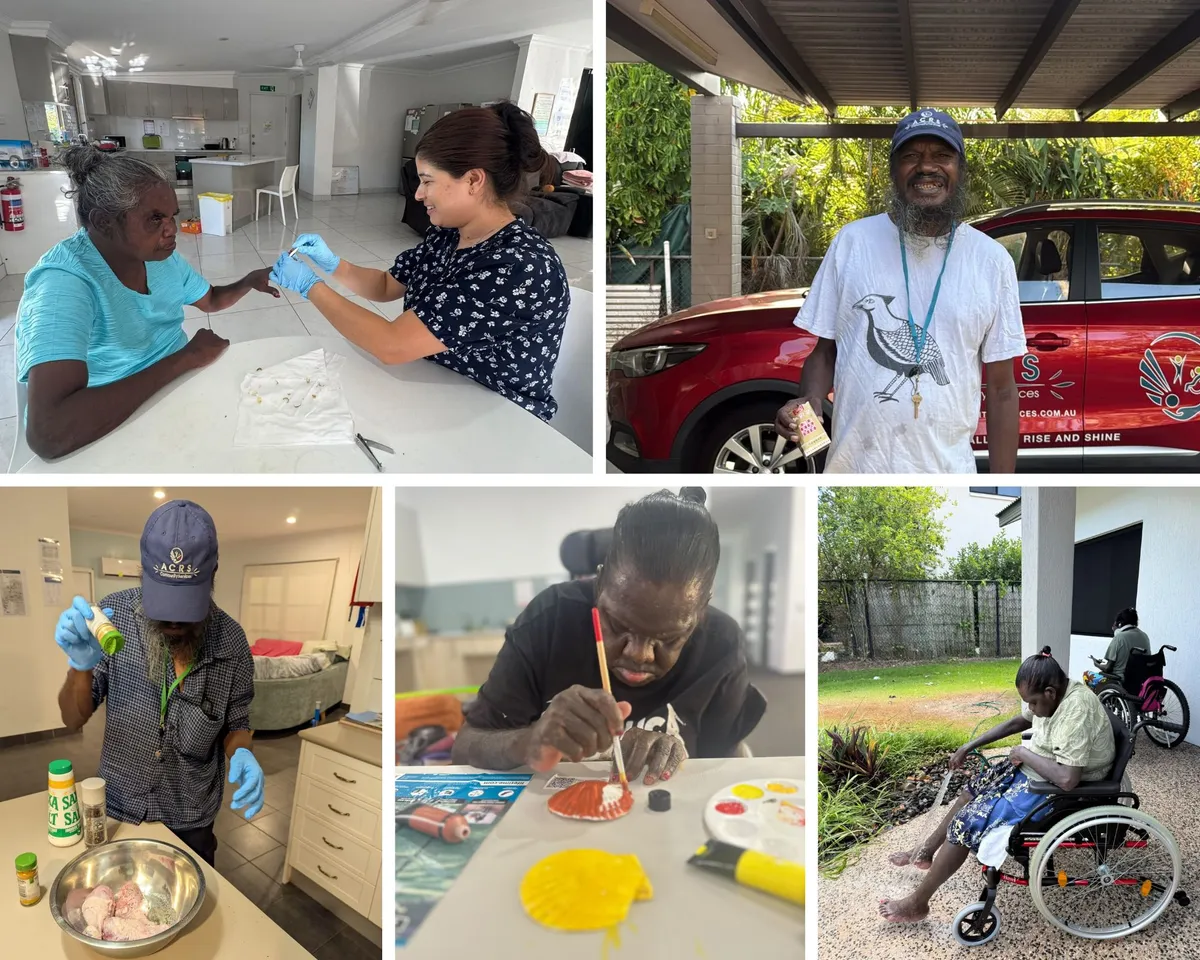 Collage of ACRS Darwin participants getting their nails done, heading out in the community, cooking, painting and spending time in the garden