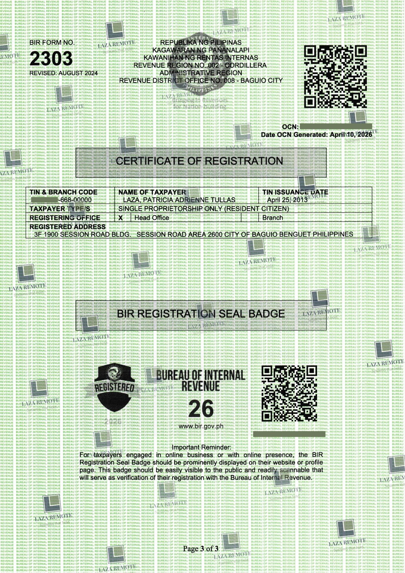 BIR Certificate of Registration Form 2303 for Patricia Adrienne Laza (Laza Remote)
