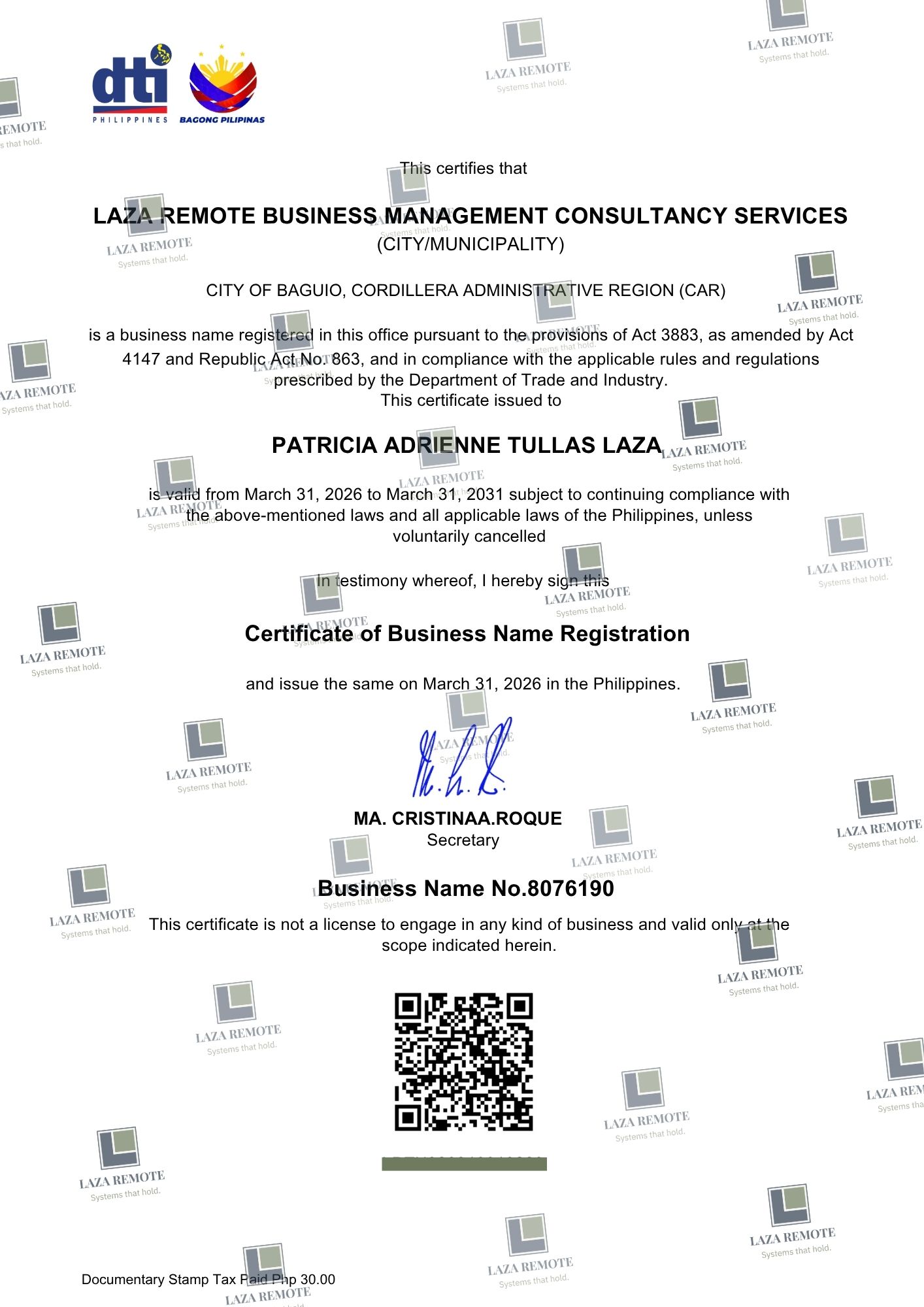 Official DTI Certificate of Business Name Registration for Laza Remote