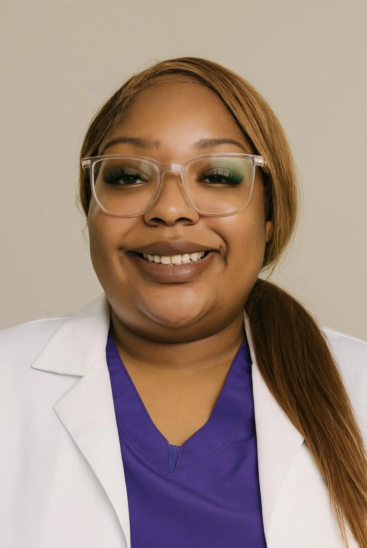 Gina Smith, PA-C, smiling in professional attire, showcasing expertise in patient care at Apex Wound Management.