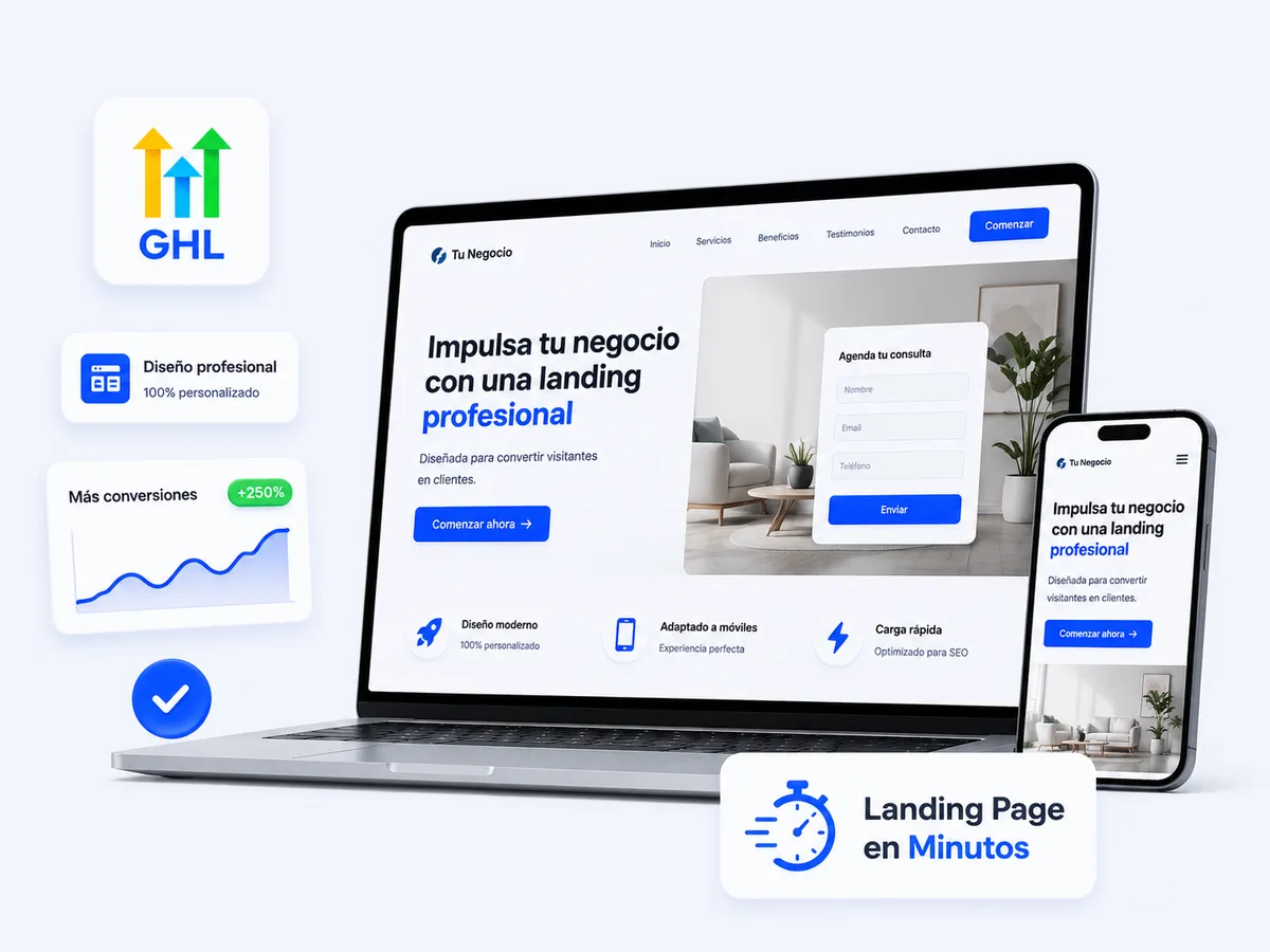 Mockup profesional de laptop y móvil mostrando diseño de landing page de alta conversión con analíticas y métricas de rendimiento