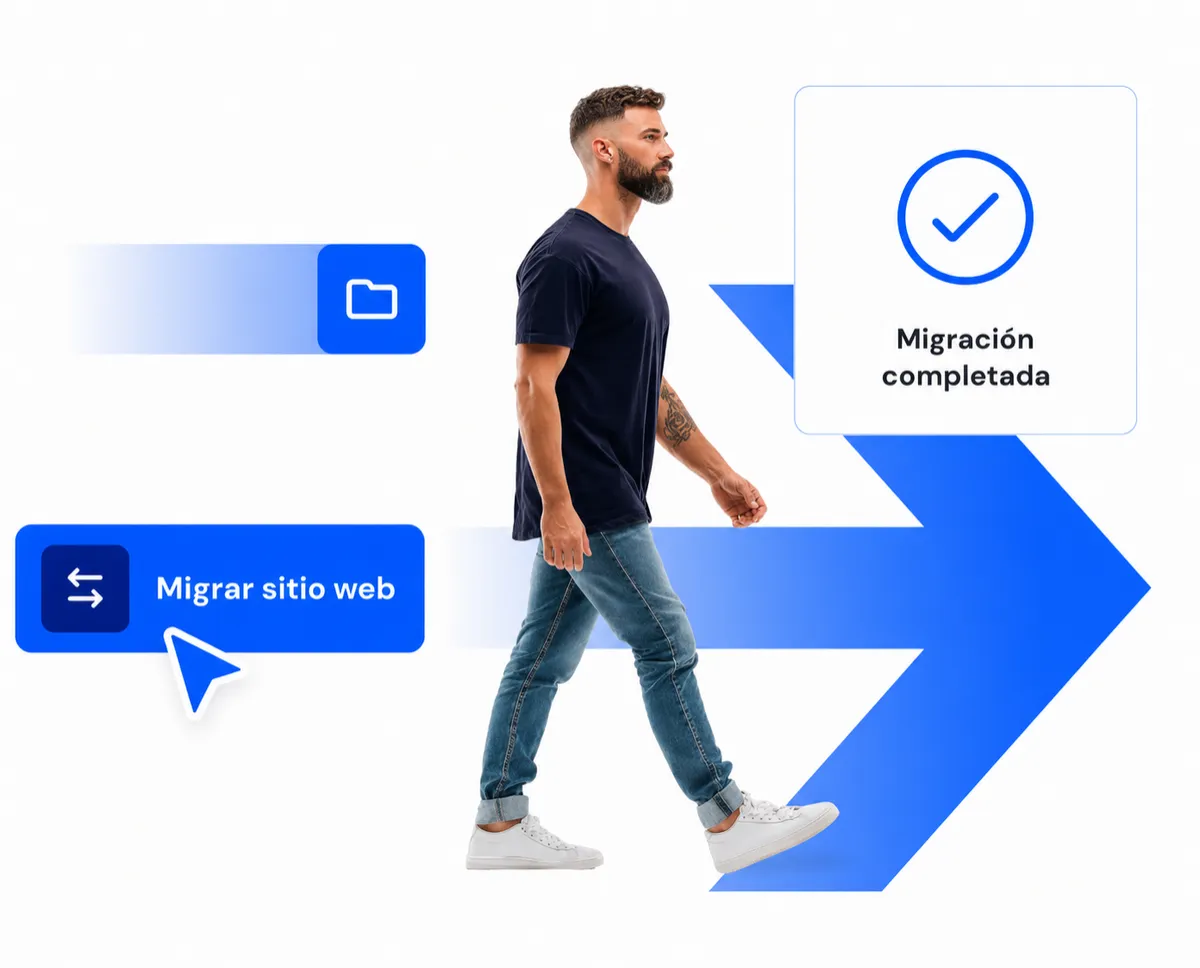 Ilustración moderna del proceso de migración web asistida en Hostinius
