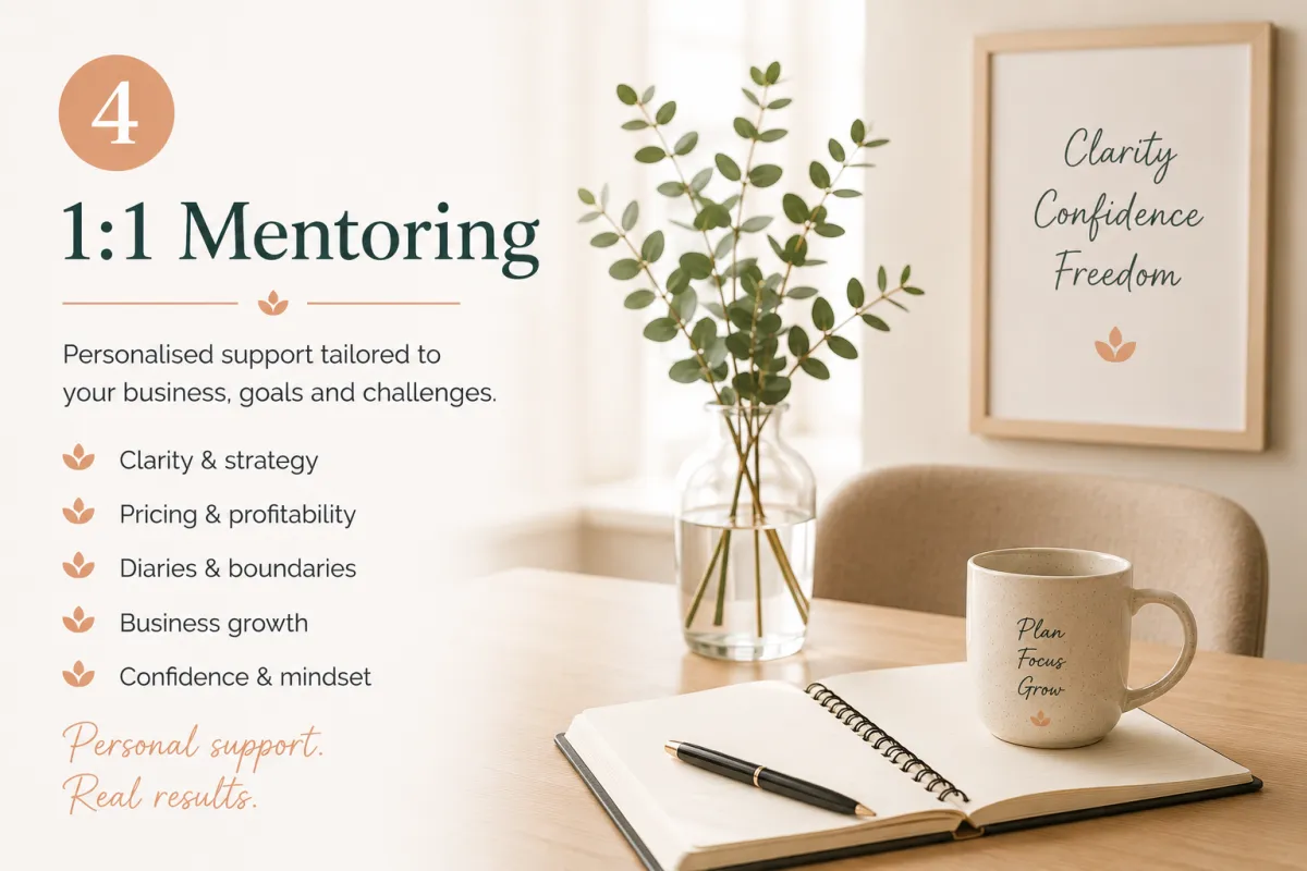 4 — 1:1 Mentoring “A warm and minimalist mentoring workspace with eucalyptus stems, an open notebook, and soft peach-toned branding beside text describing personalised 1:1 mentoring support for pricing, confidence, boundaries, and sustainable business growth.”