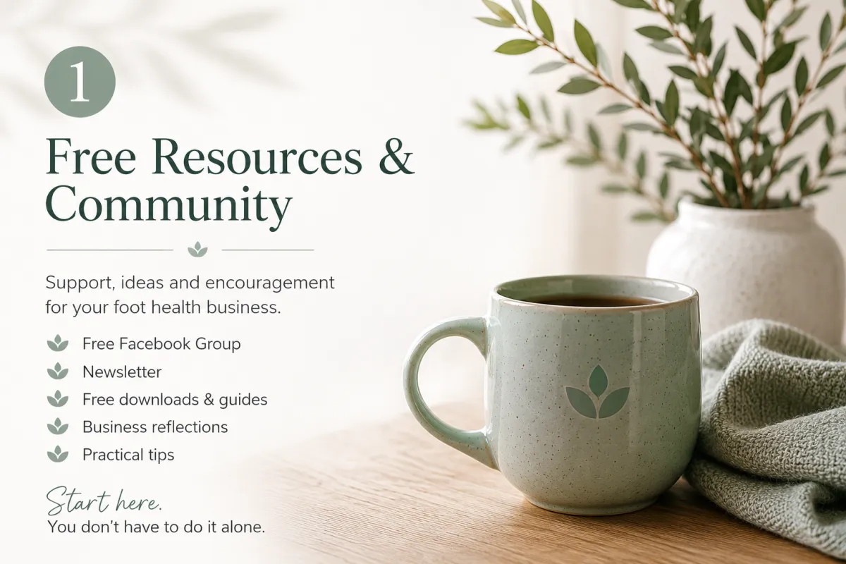 1 — Free Resources & Community “A calming workspace scene featuring a soft sage-green mug, natural foliage, and warm neutral tones beside text promoting free support, community, newsletters, downloads, and practical business guidance for Foot Health Practitioners.”