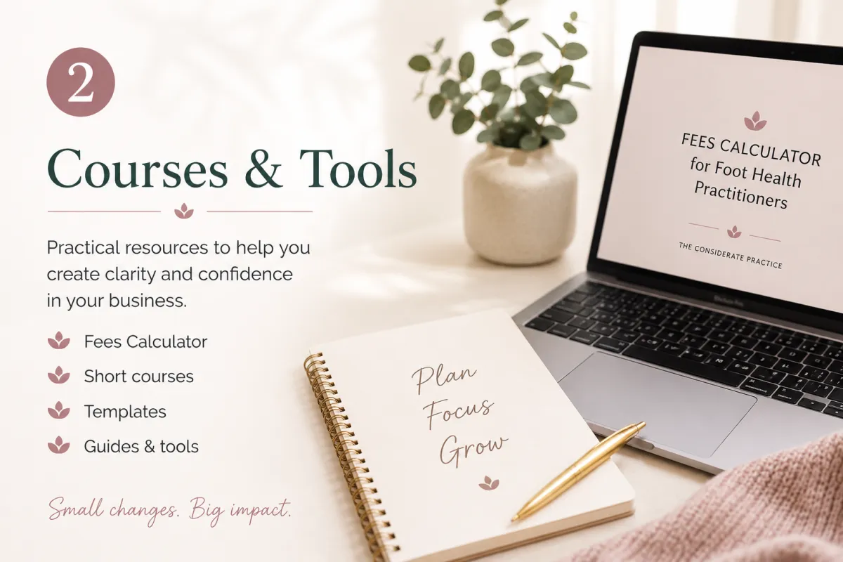 2 — Courses & Tools “A clean and modern desk scene with a laptop displaying a Fees Calculator, a notebook reading ‘Plan Focus Grow’, and soft blush accents alongside information about business tools, templates, guides, and short courses for Foot Health Practitioners.”