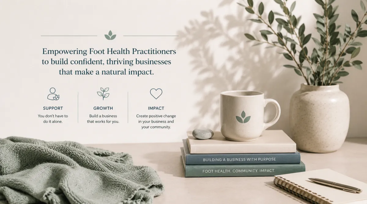 A peaceful coastal sunrise viewed from a cliffside workspace featuring a journal, warm drink, soft blanket, stacked stones, and greenery overlooking the sea. The image conveys calm, clarity, reflection, and a sustainable approach to business and wellbeing.