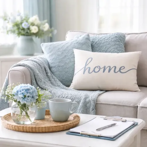 Bright and welcoming home setting with soft blue cushions, flowers and a clipboard, representing comfortable and considerate home foot care visits.”