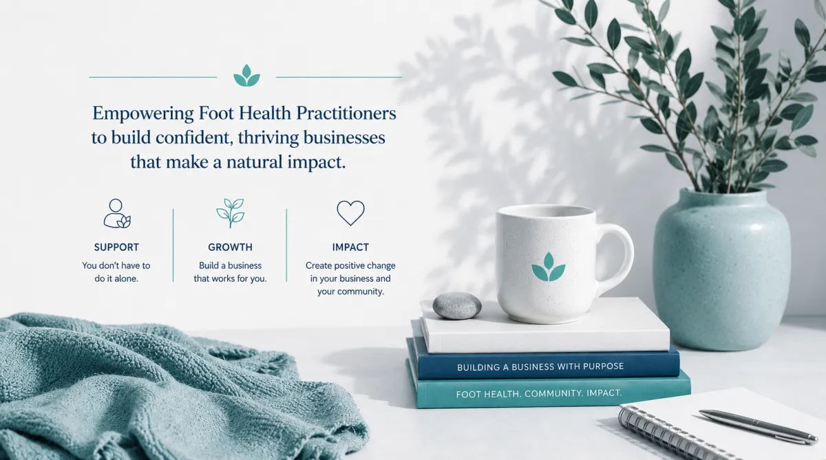 A peaceful coastal sunrise viewed from a cliffside workspace featuring a journal, warm drink, soft blanket, stacked stones, and greenery overlooking the sea. The image conveys calm, clarity, reflection, and a sustainable approach to business and wellbeing.