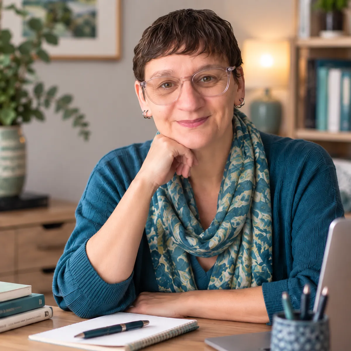 Belinda sitting at a desk with notepad and pen