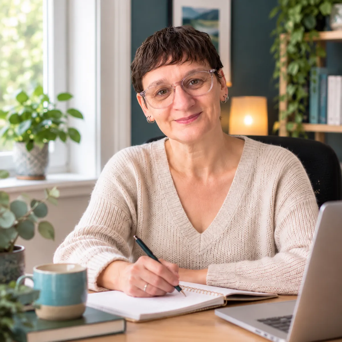 Belinda at a desk with pen in hand and notbook