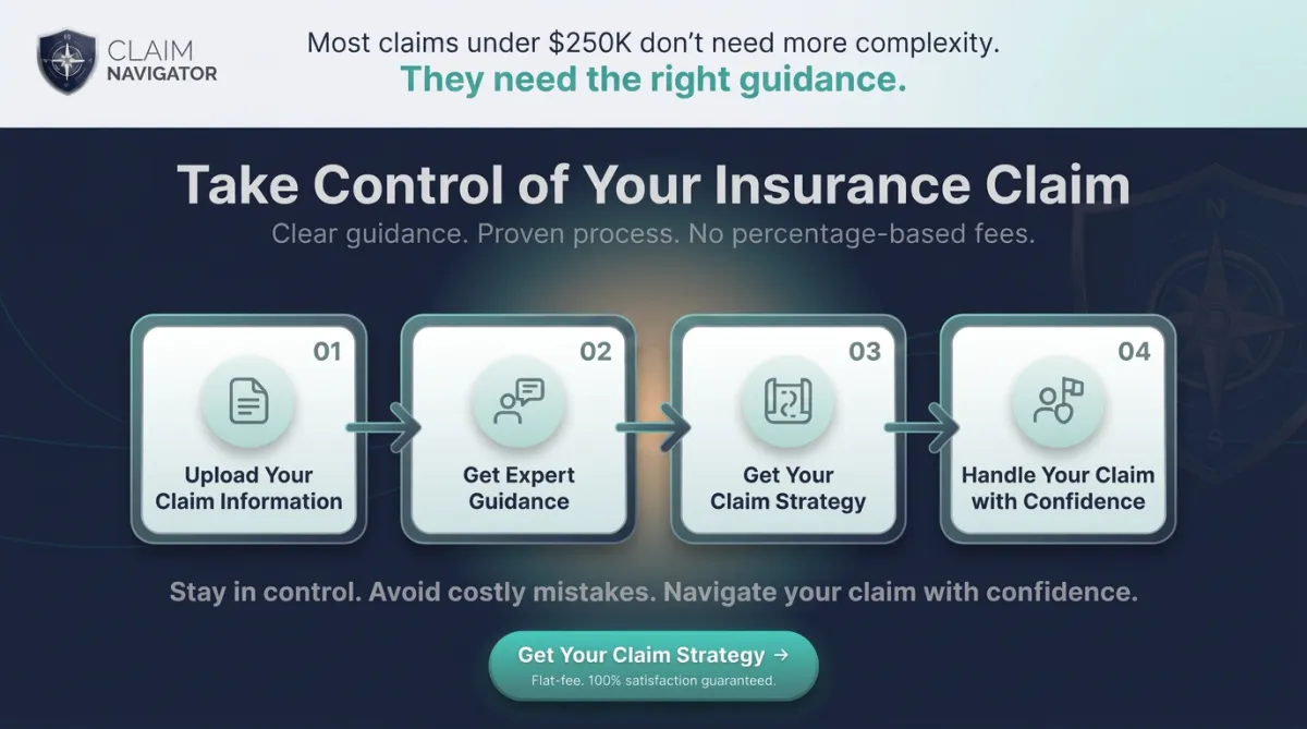 4-step insurance claim process with expert guidance for property damage claims under $250K